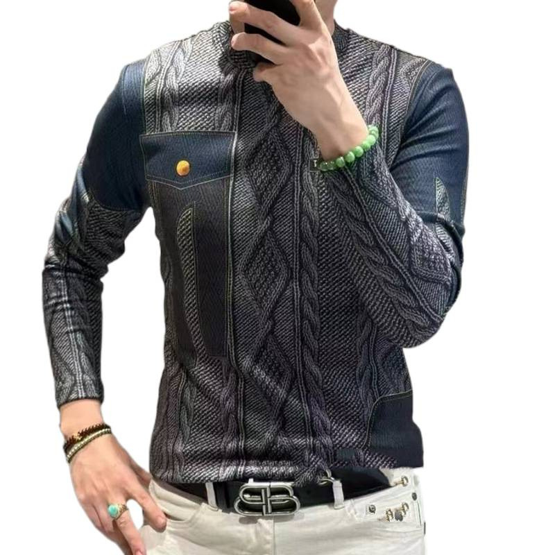 Muška dugačka majica s europskim printom, baršunaste teksture, slim-fit kroj, toplom flis podstavom