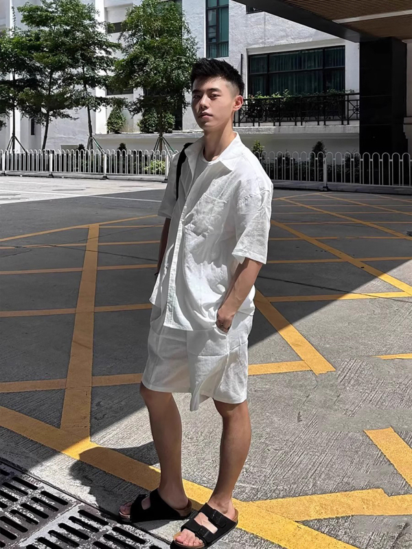 Bijeli muški set – košulja s kratkim rukavima od Tencel-Linen i šorts, Old Money stil, ljeto, korejski stil, lagani luksuz