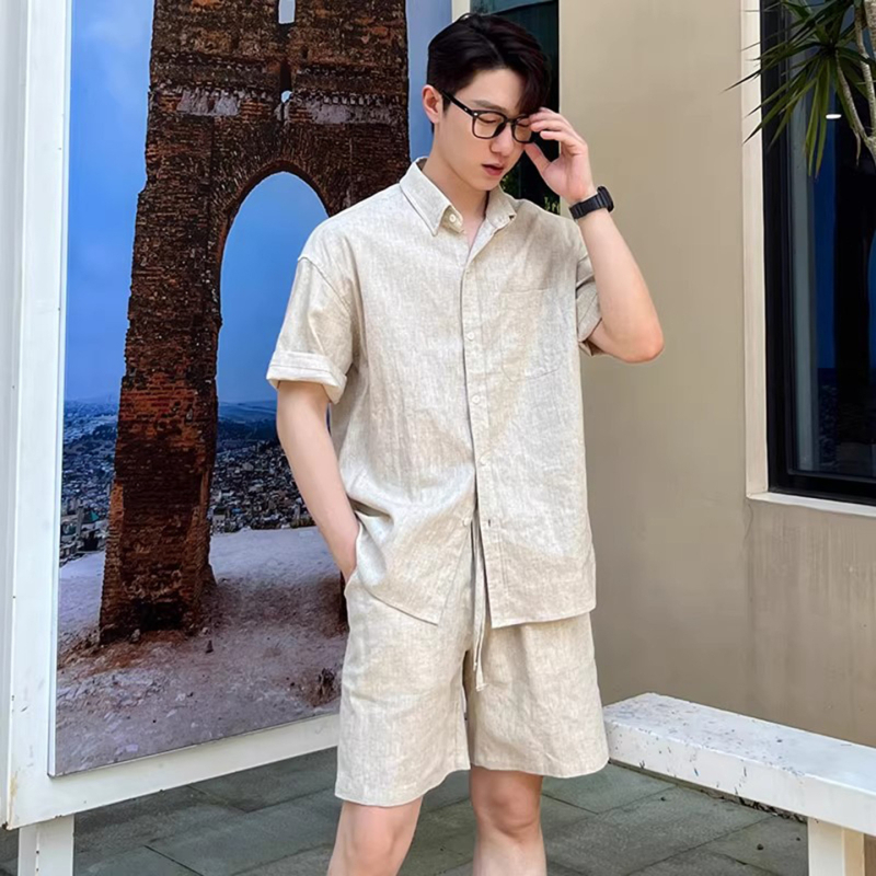 Bijeli muški set – košulja s kratkim rukavima od Tencel-Linen i šorts, Old Money stil, ljeto, korejski stil, lagani luksuz