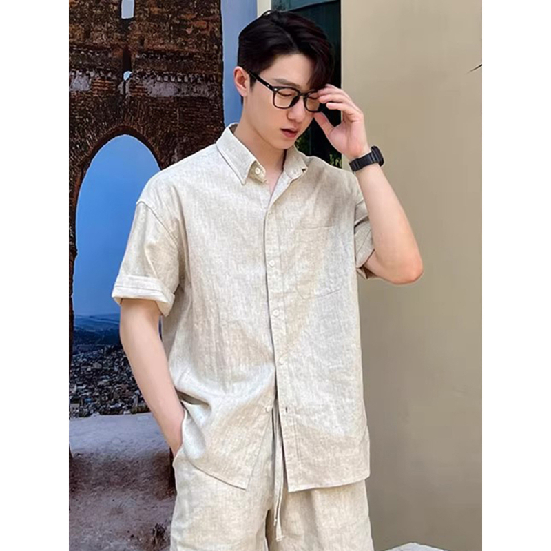 Bijeli muški set – košulja s kratkim rukavima od Tencel-Linen i šorts, Old Money stil, ljeto, korejski stil, lagani luksuz