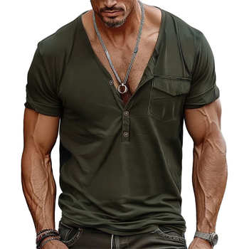 BUTZ 2025 Ανδρικό Henley T‑Shirt με τσέπη, V‑λαιμό, κοντά μανίκια, άνετη γραμμή, ρετρό στυλ