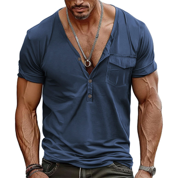 BUTZ 2025 Ανδρικό Henley T‑Shirt με τσέπη, V‑λαιμό, κοντά μανίκια, άνετη γραμμή, ρετρό στυλ