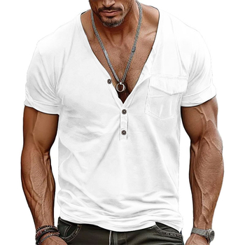 BUTZ 2025 Ανδρικό Henley T‑Shirt με τσέπη, V‑λαιμό, κοντά μανίκια, άνετη γραμμή, ρετρό στυλ