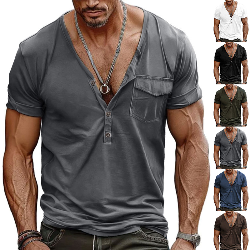 BUTZ 2025 Ανδρικό Henley T‑Shirt με τσέπη, V‑λαιμό, κοντά μανίκια, άνετη γραμμή, ρετρό στυλ