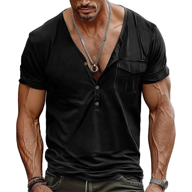 BUTZ 2025 Ανδρικό Henley T‑Shirt με τσέπη, V‑λαιμό, κοντά μανίκια, άνετη γραμμή, ρετρό στυλ