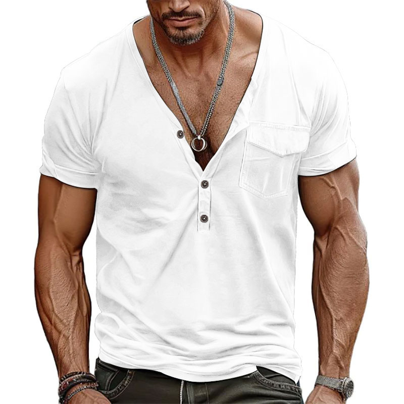 BUTZ 2025 Ανδρικό Henley T‑Shirt με τσέπη, V‑λαιμό, κοντά μανίκια, άνετη γραμμή, ρετρό στυλ