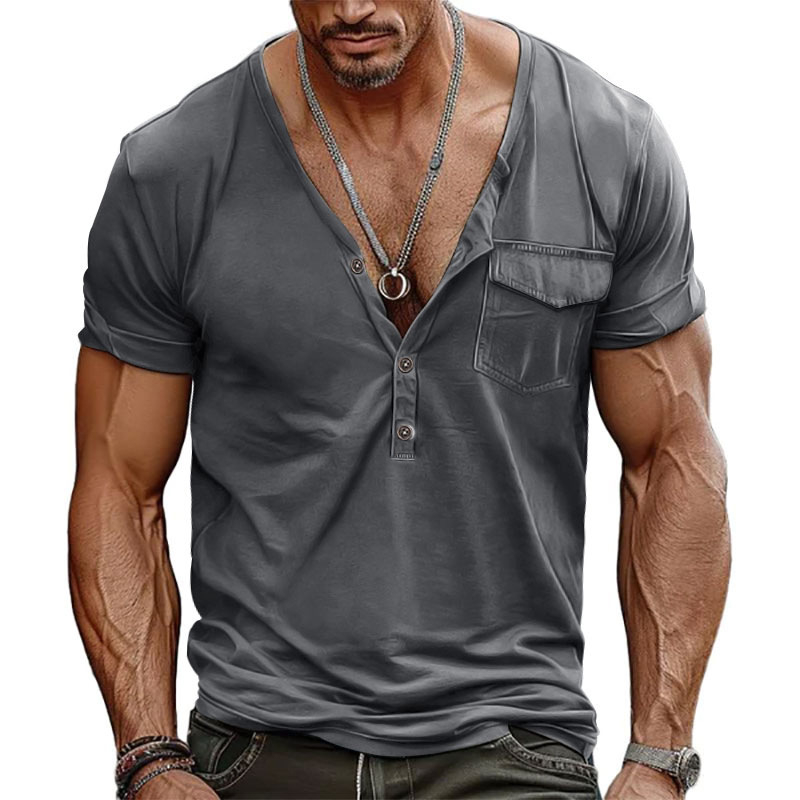 BUTZ 2025 Ανδρικό Henley T‑Shirt με τσέπη, V‑λαιμό, κοντά μανίκια, άνετη γραμμή, ρετρό στυλ