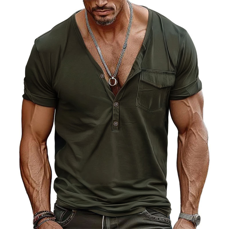 BUTZ 2025 Ανδρικό Henley T‑Shirt με τσέπη, V‑λαιμό, κοντά μανίκια, άνετη γραμμή, ρετρό στυλ
