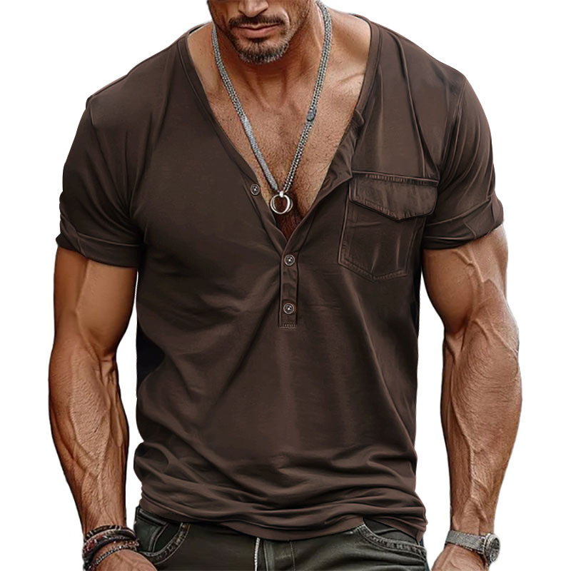 BUTZ 2025 Ανδρικό Henley T‑Shirt με τσέπη, V‑λαιμό, κοντά μανίκια, άνετη γραμμή, ρετρό στυλ