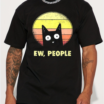 Αντρικό T-shirt από 100% βαμβάκι - καλοκαιρινό, χαλαρή γραμμή, στρογγυλή λαιμόκοψη, κοντά μανίκια, εκτύπωση με μαύρη γάτα σε καρτούν