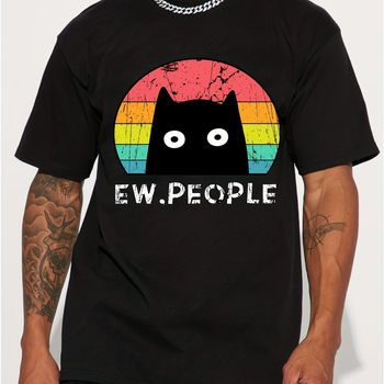 Αντρικό T-shirt από 100% βαμβάκι - καλοκαιρινό, χαλαρή γραμμή, στρογγυλή λαιμόκοψη, κοντά μανίκια, εκτύπωση με μαύρη γάτα σε καρτούν