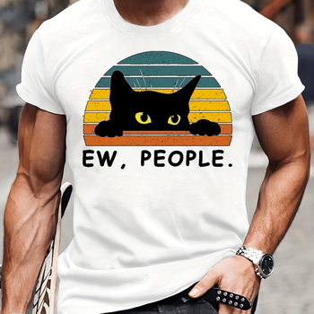 Αντρικό T-shirt από 100% βαμβάκι - καλοκαιρινό, χαλαρή γραμμή, στρογγυλή λαιμόκοψη, κοντά μανίκια, εκτύπωση με μαύρη γάτα σε καρτούν