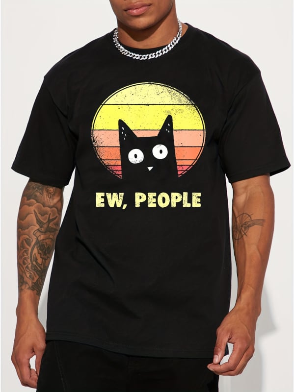 Αντρικό T-shirt από 100% βαμβάκι - καλοκαιρινό, χαλαρή γραμμή, στρογγυλή λαιμόκοψη, κοντά μανίκια, εκτύπωση με μαύρη γάτα σε καρτούν