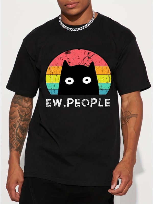 Αντρικό T-shirt από 100% βαμβάκι - καλοκαιρινό, χαλαρή γραμμή, στρογγυλή λαιμόκοψη, κοντά μανίκια, εκτύπωση με μαύρη γάτα σε καρτούν