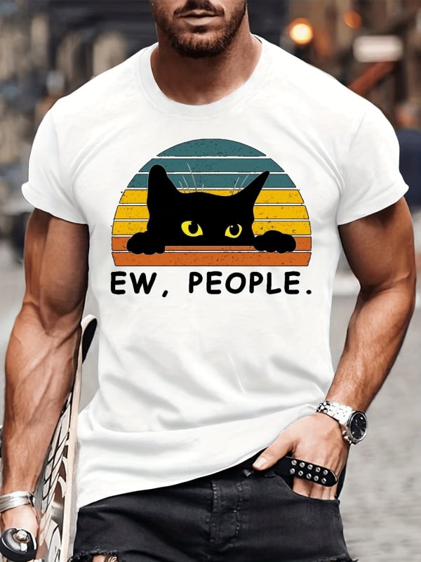Αντρικό T-shirt από 100% βαμβάκι - καλοκαιρινό, χαλαρή γραμμή, στρογγυλή λαιμόκοψη, κοντά μανίκια, εκτύπωση με μαύρη γάτα σε καρτούν
