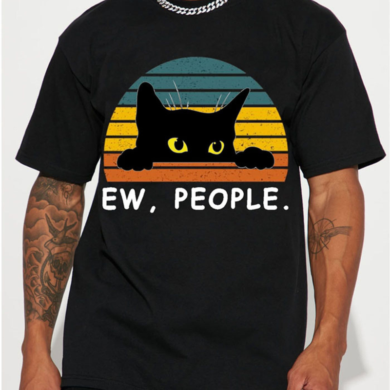 Αντρικό T-shirt από 100% βαμβάκι - καλοκαιρινό, χαλαρή γραμμή, στρογγυλή λαιμόκοψη, κοντά μανίκια, εκτύπωση με μαύρη γάτα σε καρτούν