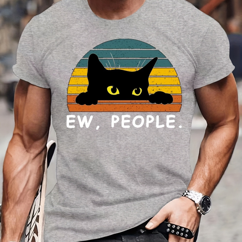 Αντρικό T-shirt από 100% βαμβάκι - καλοκαιρινό, χαλαρή γραμμή, στρογγυλή λαιμόκοψη, κοντά μανίκια, εκτύπωση με μαύρη γάτα σε καρτούν