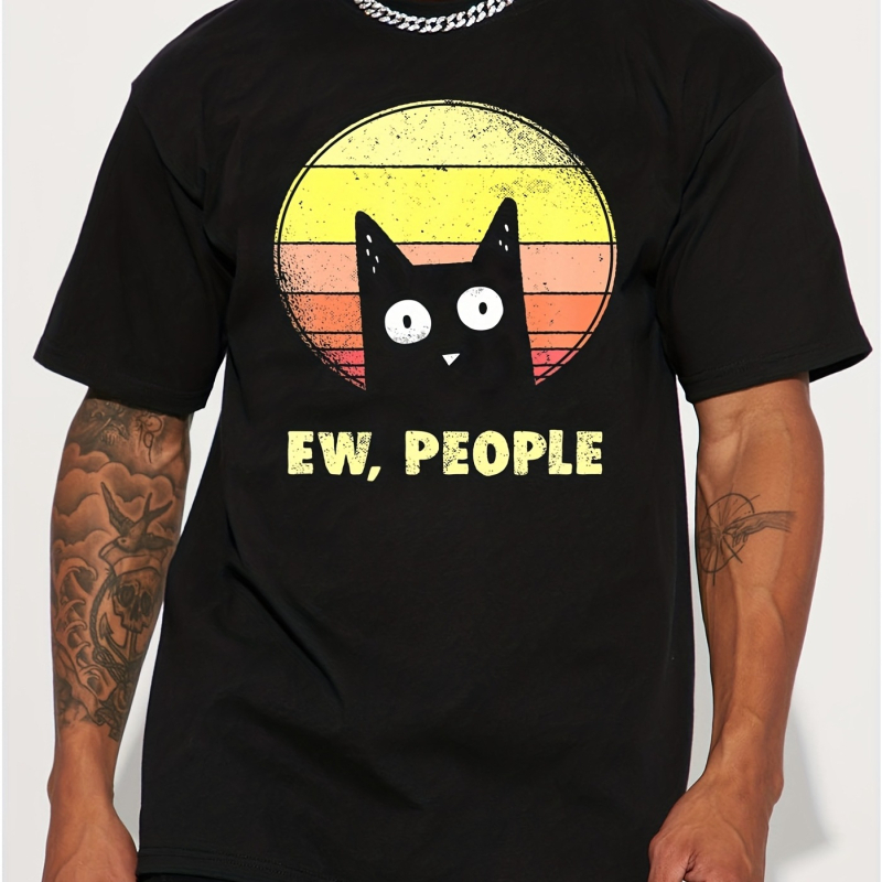 Αντρικό T-shirt από 100% βαμβάκι - καλοκαιρινό, χαλαρή γραμμή, στρογγυλή λαιμόκοψη, κοντά μανίκια, εκτύπωση με μαύρη γάτα σε καρτούν