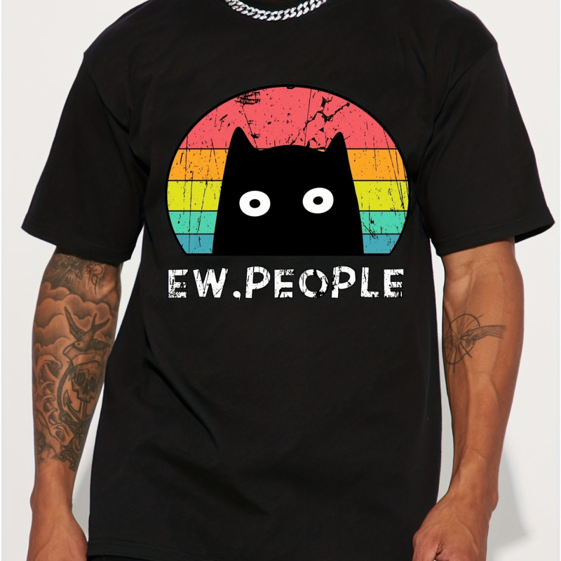 Αντρικό T-shirt από 100% βαμβάκι - καλοκαιρινό, χαλαρή γραμμή, στρογγυλή λαιμόκοψη, κοντά μανίκια, εκτύπωση με μαύρη γάτα σε καρτούν