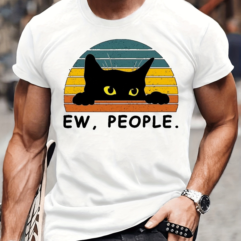 Αντρικό T-shirt από 100% βαμβάκι - καλοκαιρινό, χαλαρή γραμμή, στρογγυλή λαιμόκοψη, κοντά μανίκια, εκτύπωση με μαύρη γάτα σε καρτούν