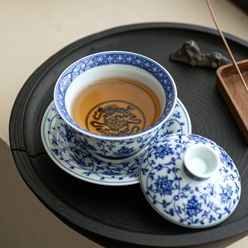 Jingdezhen kék-fehér porcelán gaiwan teáskészlet, háromrészes, ceremoniális teás tál és infúziós edény, kerámia Kung Fu tea kellék, könnyű luxus