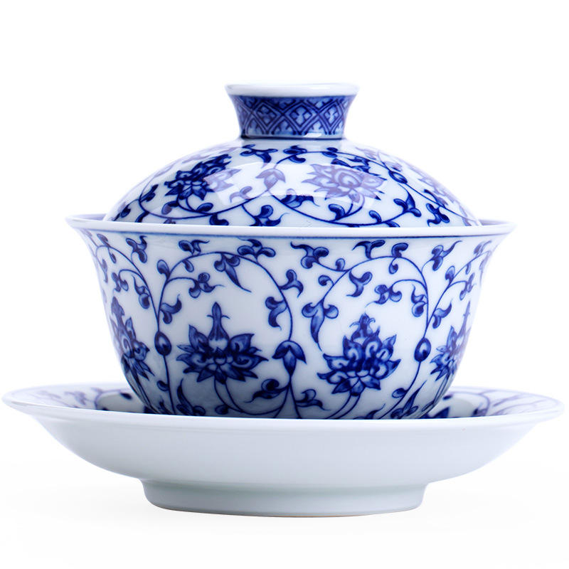 Jingdezhen kék-fehér porcelán gaiwan teáskészlet, háromrészes, ceremoniális teás tál és infúziós edény, kerámia Kung Fu tea kellék, könnyű luxus