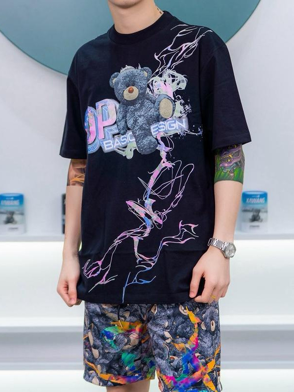 Ανδρικό T‑shirt Loose-fit με κοντά μανίκια, στρογγυλή λαιμόκοψη, εκτύπωση με ζωικό μοτίβο, 3D ψηφιακή εκτύπωση, καθημερινό καλοκαιρινό