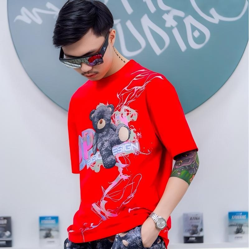 Ανδρικό T‑shirt Loose-fit με κοντά μανίκια, στρογγυλή λαιμόκοψη, εκτύπωση με ζωικό μοτίβο, 3D ψηφιακή εκτύπωση, καθημερινό καλοκαιρινό