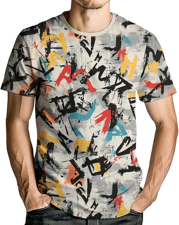 Αντρικό T-shirt σε στυλ Y2K streetwear με εκτύπωση graffiti γραμμάτων, κοντομάνικο