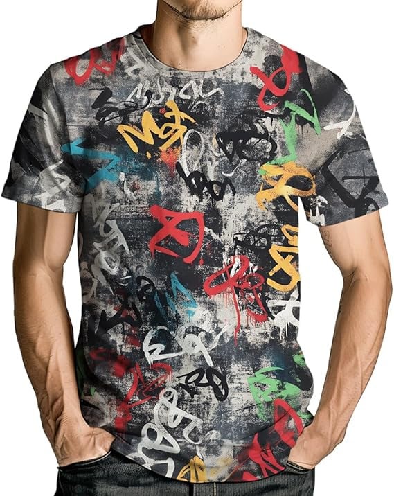 Αντρικό T-shirt σε στυλ Y2K streetwear με εκτύπωση graffiti γραμμάτων, κοντομάνικο