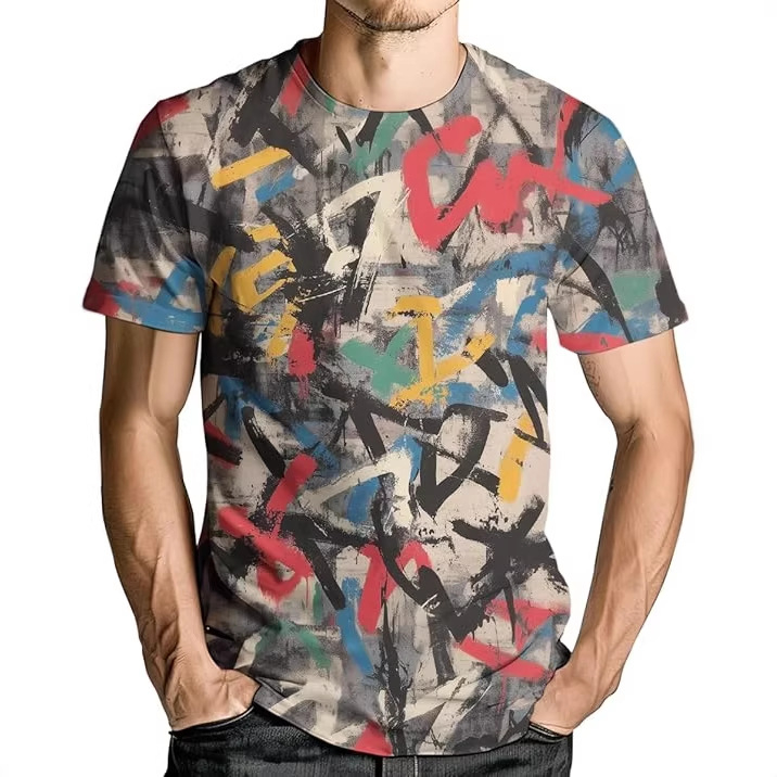 Αντρικό T-shirt σε στυλ Y2K streetwear με εκτύπωση graffiti γραμμάτων, κοντομάνικο