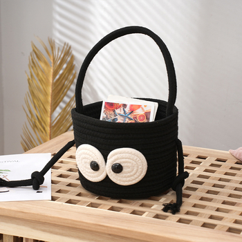 Prilagođena košara za pohranu s dizajnom crtanog i velikim očima, crna boja, pamuk, stolni organizator, pleteni