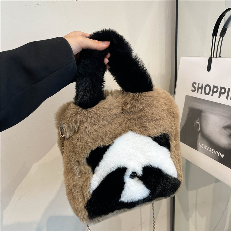 Zimska Panda bucket bag, mini tote torba, pliš, slatka, nosiva u ruci ili preko ramena (crossbody), ženska torba u korejskom stilu