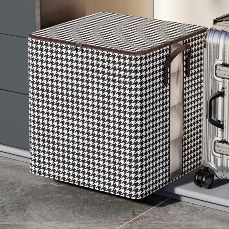 Kutija za pohranu od netkanog materijala sa zatvaračem, uzorak houndstooth, dimenzije 45×38×45 cm, kapacitet 90–100 L, sklopa, za odjeću i igračke