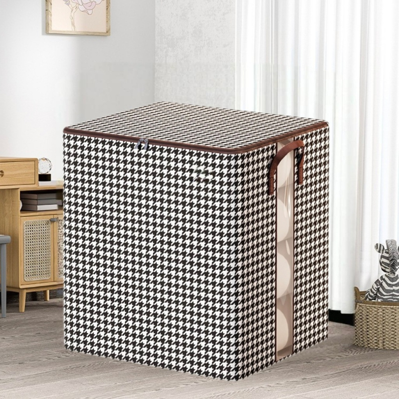 Kutija za pohranu od netkanog materijala sa zatvaračem, uzorak houndstooth, dimenzije 45×38×45 cm, kapacitet 90–100 L, sklopa, za odjeću i igračke