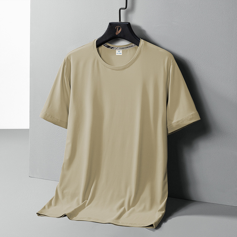 Férfi ice silk rövid ujjú póló hálós anyaggal, gyorsan száradó, lélegző, vékony, egyszínű, nyárra, kerek nyakú