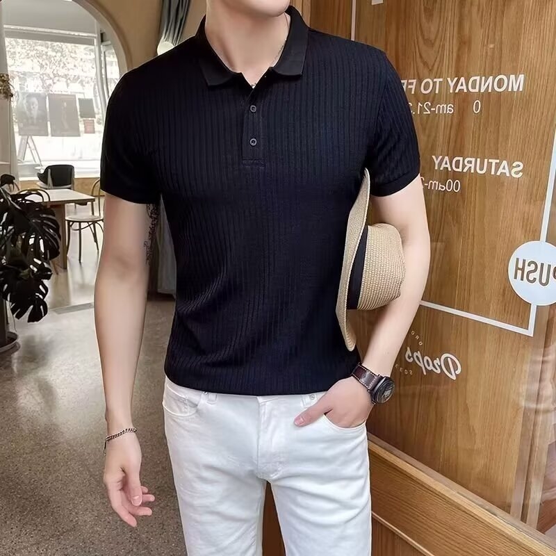 Muška ljetna polo majica s kratkim rukavima od ice silk, korejski stil, minimalistički kroj, slim fit, prozračan pleteni materijal