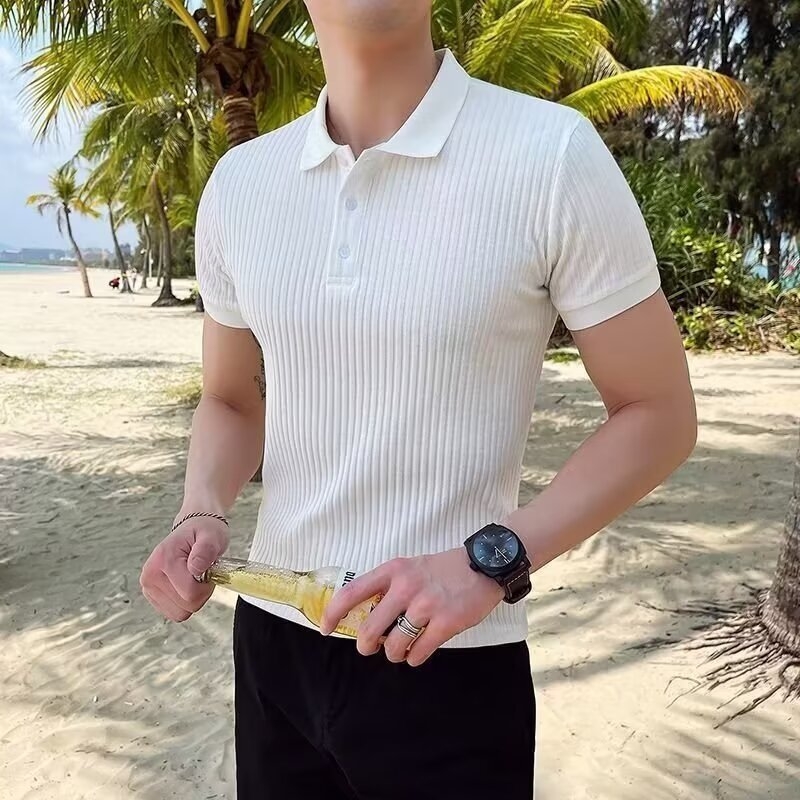 Muška ljetna polo majica s kratkim rukavima od ice silk, korejski stil, minimalistički kroj, slim fit, prozračan pleteni materijal