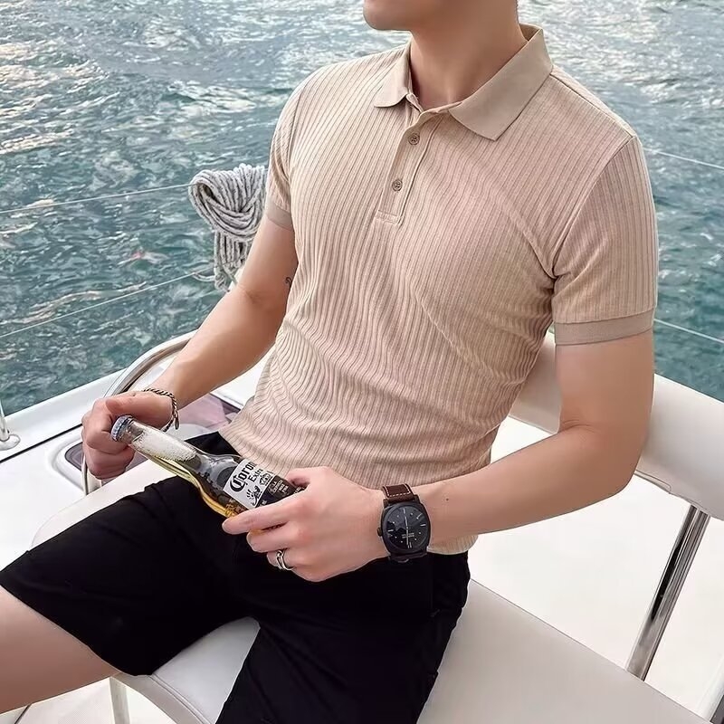 Muška ljetna polo majica s kratkim rukavima od ice silk, korejski stil, minimalistički kroj, slim fit, prozračan pleteni materijal