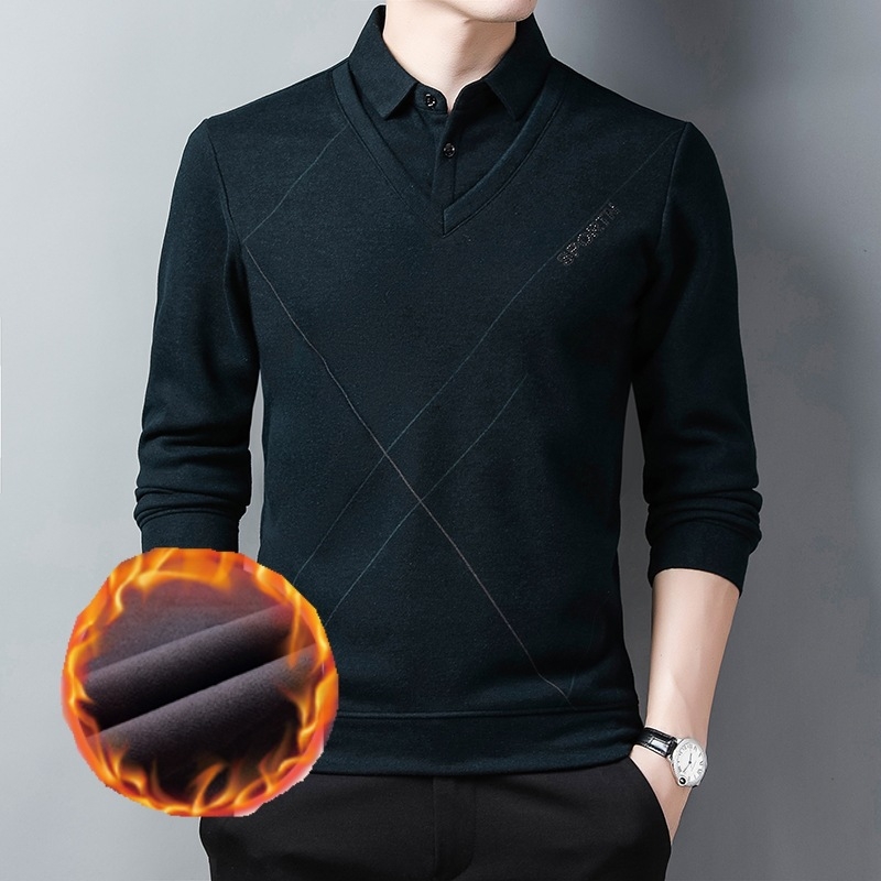 Férfi galléros polo, fleece-belsővel, vastag és meleg, jacquard alapanyag, üzleti-casual