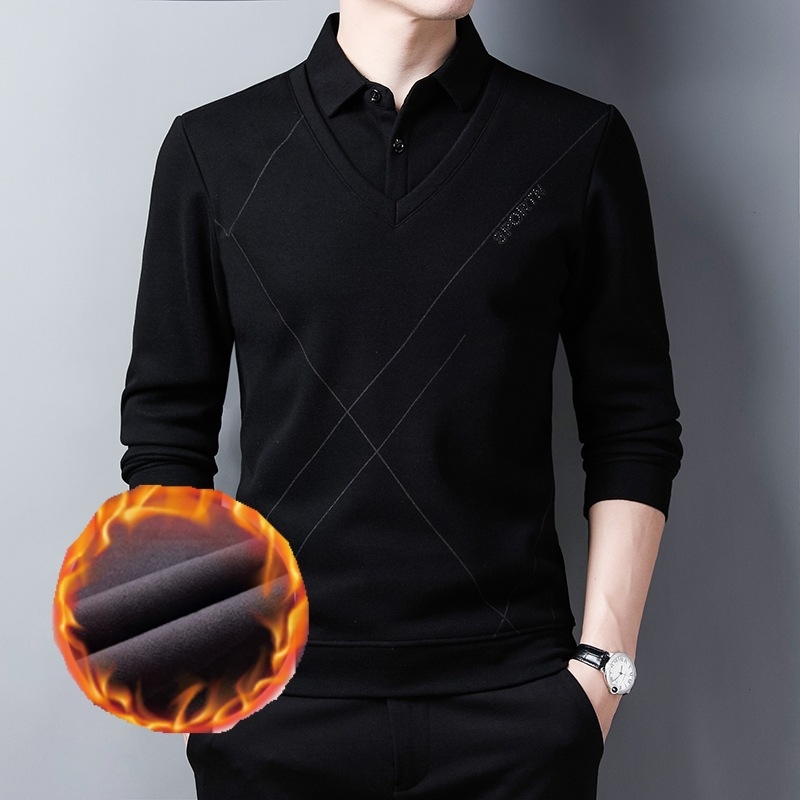 Férfi galléros polo, fleece-belsővel, vastag és meleg, jacquard alapanyag, üzleti-casual