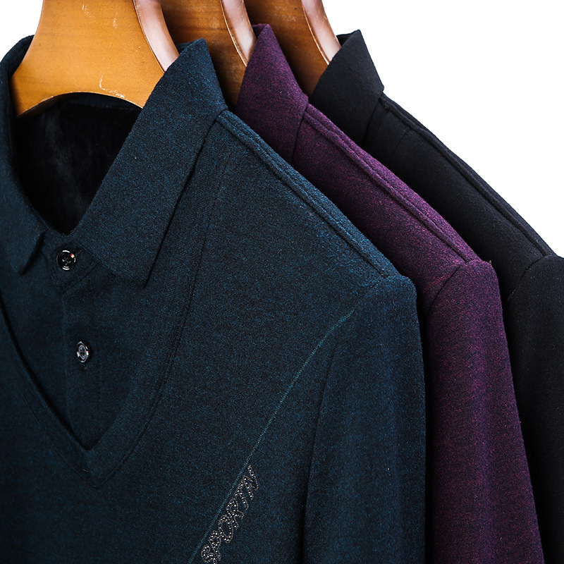Férfi galléros polo, fleece-belsővel, vastag és meleg, jacquard alapanyag, üzleti-casual