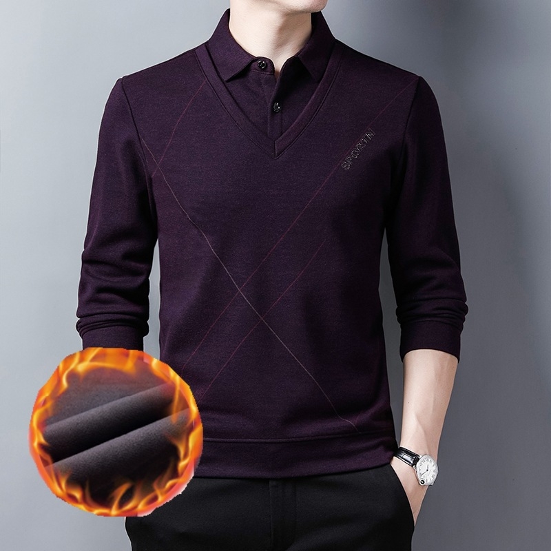 Férfi galléros polo, fleece-belsővel, vastag és meleg, jacquard alapanyag, üzleti-casual