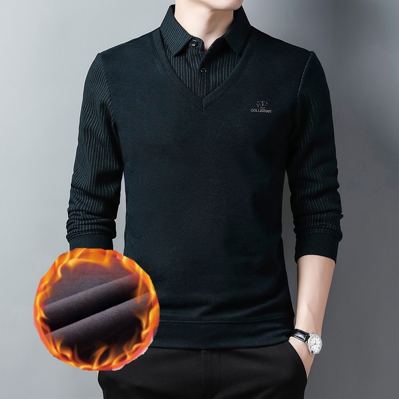Férfi galléros polo, fleece-belsővel, vastag és meleg, jacquard alapanyag, üzleti-casual