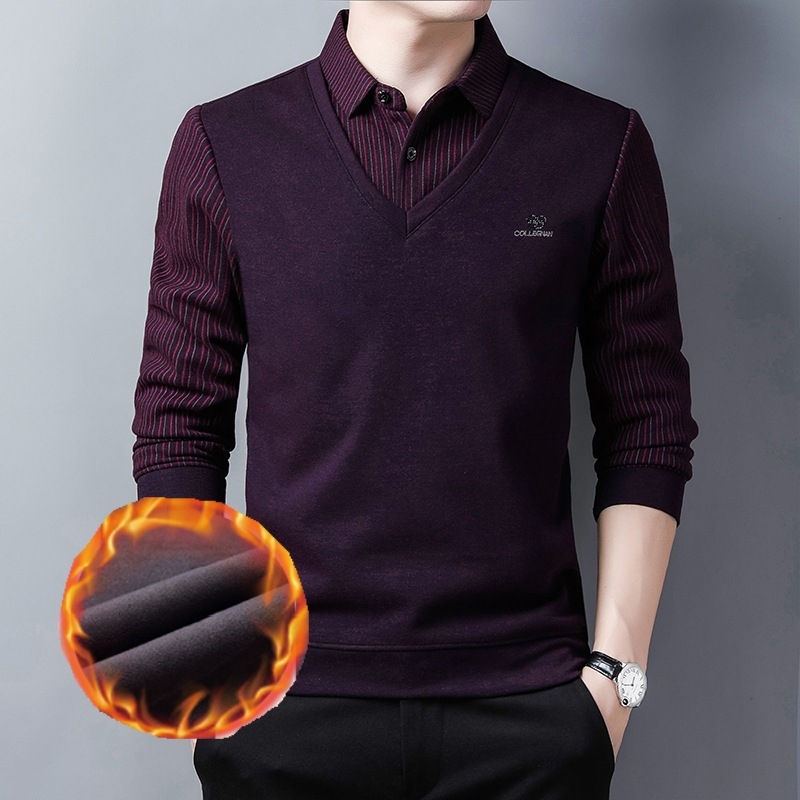 Férfi galléros polo, fleece-belsővel, vastag és meleg, jacquard alapanyag, üzleti-casual