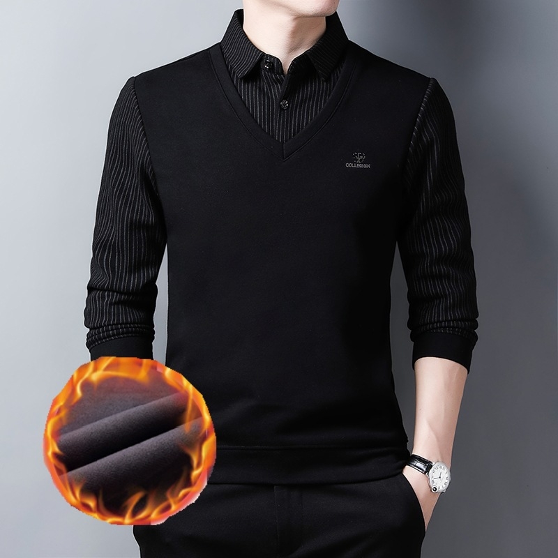 Férfi galléros polo, fleece-belsővel, vastag és meleg, jacquard alapanyag, üzleti-casual