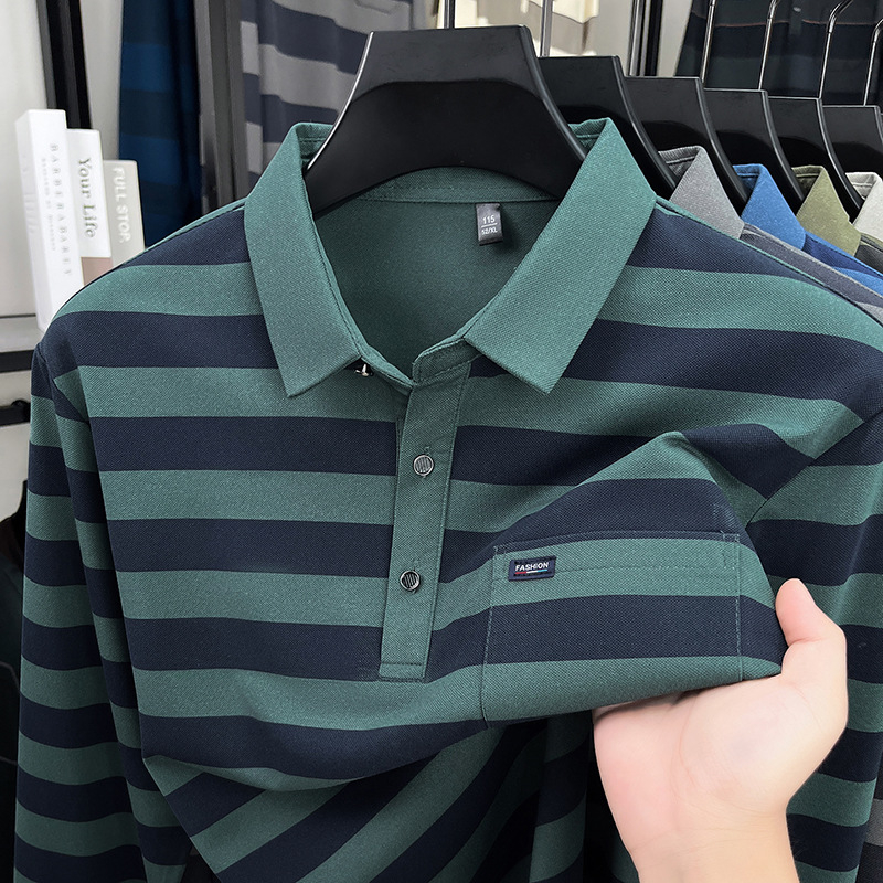 Muška polo majica s prugama, dugih rukava, poslovnog stila, s detaljem džepa