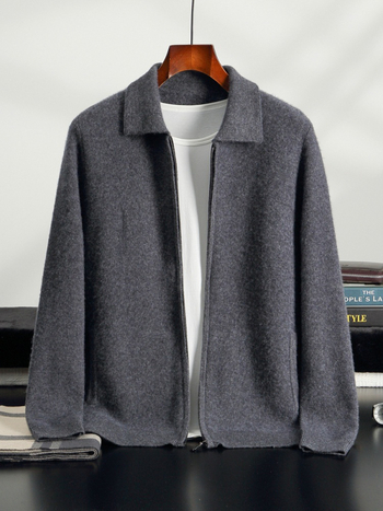 Cardigan polo din cașmir pentru bărbați, croială lejeră, guler cămașă, culoare solidă, tricot călduros pentru toamnă-iarna