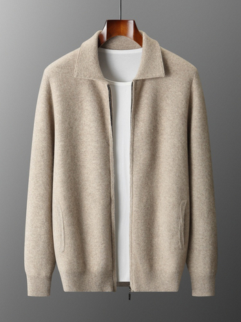 Cardigan polo din cașmir pentru bărbați, croială lejeră, guler cămașă, culoare solidă, tricot călduros pentru toamnă-iarna