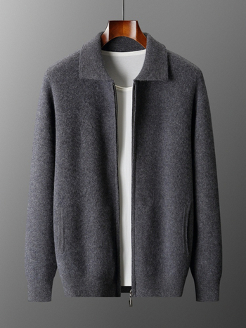 Cardigan polo din cașmir pentru bărbați, croială lejeră, guler cămașă, culoare solidă, tricot călduros pentru toamnă-iarna